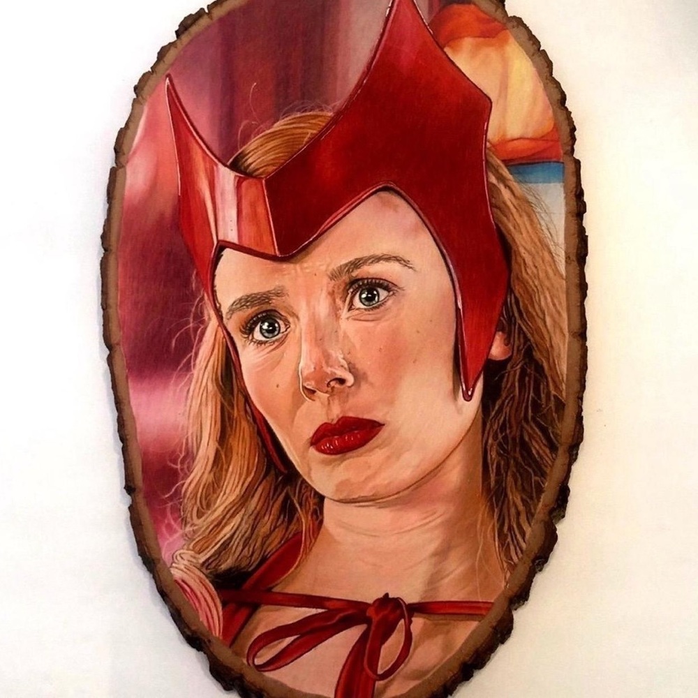 Red Resin Portrait Plaque Wall Art - Hand-Painted Wood Slice